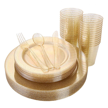 150 Pieces Gold Disposable Plates & Plastic Silverware & Cups(IOOOOO)
