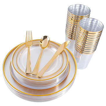 150 Pieces Gold Plastic Plates & Silverware & Cups.(IOOOOO)