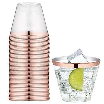 9 oz Rose Gold Plastic Cups 102 PCS, Premium Rose Gold Rim Disposable Tumblers(IOOOOO)