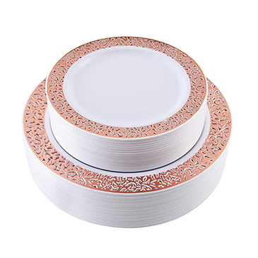 96pcs Rose Gold Plastic Plates, Disposable Plates with Lace Rim.(IOOOOO)