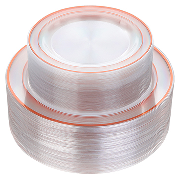 I00000 96 Pieces Rose Gold Plastic Plates, Elegant Rose Gold Disposable Plates, Premium Clear Wedding Party Plates with Rose Gold Rim Includes: 48 Dinner Plates 10.25 