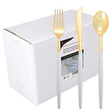 I00000 144 PCS Disposable Gold Silverware, Plastic Flatware with White Handle, Gold Plastic Cutlery Includes: 48 Forks, 48 Knives and 48 Spoons