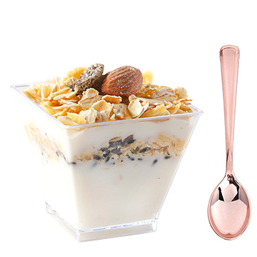 I00000 200 Pieces Small Plastic Dessert Cups with Mini Spoons, Includes 100 Pieces Disposable Clear Square Cups 2 Oz and 100 Pieces Rose Gold Tasting Spoons