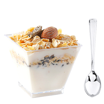 I00000 200 Pcs Plastic Dessert Cups with Mini Spoons, Includes 100 Pieces Disposable Clear Square Cups 2 Oz and 100 Pieces Silver Tasting Spoons
